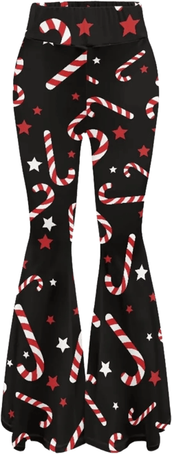 Buybai Christmas Pants Cute Candy Printed Flare Work Pants for Women Yoga Leggings Size L Stretchy High Waisted Bell Bottoms