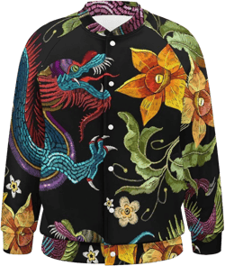 Dragons And Narcissus Flowers Men's Baseball Bomber Jacket Long Sleeve Sweatshirt Casual Streetwear Coats With Pocket Small