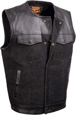 Milwaukee Leather MDM3003 Men's 'Brute' Concealed Snap Black Denim and Black Leather Club Style Vest w/Hidden Zipper 5X-Large Black