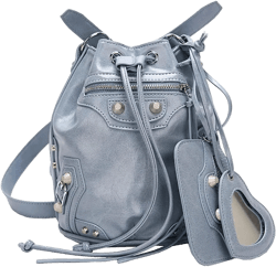 Large Capacity Bucket Bag Purses For Women, Cool Studded Punk Motocycle Crossbody Bag,PU Leather Drawstring Shoulder City Bag (Blue)