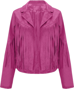 DESKABLY Women Fashion Cropped Tassel Fringe Faux Suede Leather Jacket Fall Winter Long Sleeve Lapel Neck Moto Coat Outwear Large Hot Pink
