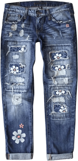 LAFOURAM Womens Boyfriend Patchwork Distressed Ripped Skinny Jeans with Hole Large B Blue Daisy Flower