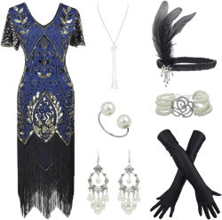 Women 1920s Sequin Beaded Tassels Hem Flapper Dress with 20s Headband Accessories Set
