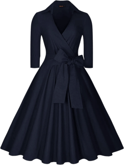 Miusol Women's Deep-V Neck Classical Bow Belt Vintage Casual Swing Dress