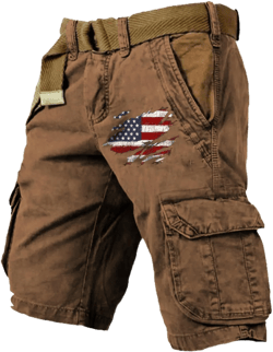 Mens Vintage Cargo Shorts Distressed Amarican Flag Printed Casual Bermuda Shorts Outdoor Streetwear Hippie Shorts Medium Coffee