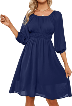 YATHON Women's Fall Ruffle Dress Chiffon 3/4 Sleeve Square Neck Elastic Waist Aline Casual Dresses Small B-navy Blue 3/4
