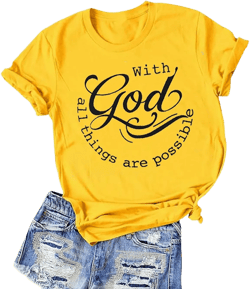 Women Tshirts with God All Things are Possible T Shirt Faith Sayings Christian Summer Jesus Graphic Tee Top Casual X-Large Yellow