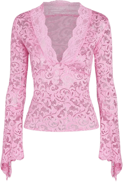 Women’s Crop T-Shirts Sexy See Through Deep V Neck Lace FlaBrown Long Sleeve Slim Fit Party Clubwear Tee Shirts Blouse Tops X-Small Pink