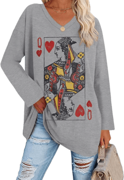 Fazortev Womens Oversized Long Sleeve Queen Of Hearts Graphic T Shirts V Neck Casual Loose Fit Tees Tunic Tops X-Large Light Grey
