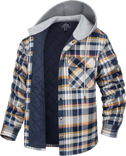 MAGCOMSEN Men's Quilted Lined Flannel Hoodie Jacket Cotton Button Down Shirt Jacket Long Sleeve Plaid Shirt Shacket XX-Large Yellow