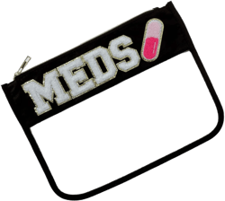 Clear Chenille Letter Makeup Bag Medicine Drug Bag Waterproof PVC&Nylon Preppy Patch Zipper Pouch Cosmetic Toiletry Travel Storage Bag for Women Girls (MEDS-black)