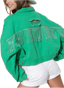 Womens Denim Jacket with Fringe Rhinestones Long Sleeve Distressed Ripped Denim Jackets with Pockets Green Large