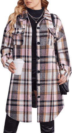 Zeagoo Womens Plus Size Flannel Plaid Button Down Shirts Long Sleeve Lounge Lapel Tartan Shacket Jacket Long Coats 2024