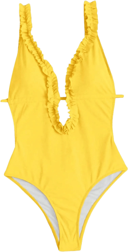 MakeMeChic Women's Frill Trim V Neck Backless Bathing Suit High Cut Tie Back One Piece Swimsuits Yellow Large at Amazon Women’s Clothing store