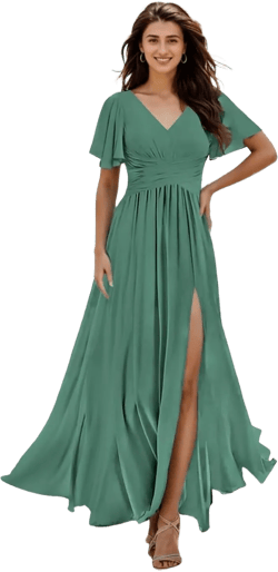 Chiffon Bridesmaid Dresses for Women V Neck Pockets Slit Long Wedding Guest Formal Dress with Flutter Sleeve 8 Eucalyptus