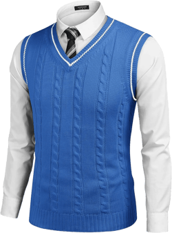 COOFANDY Men's Sweater Vest V Neck Slim Fit Casual Sleeveless Twisted Knitted Pullover Sweater Denim Blue XX-Large