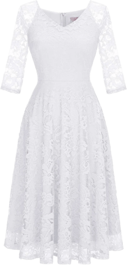 Dressystar Womens Long-Sleeve Wedding Guest Dress A-Line Lace Formal Party Cocktaill Midi Dress Prom Gown White Medium
