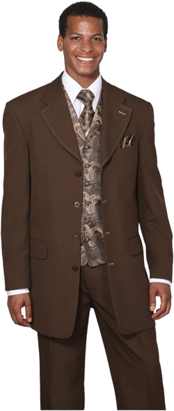 Single Breasted,Double Vent, Fashion Suit with Vest, Tie & Hankie 50 Brown
