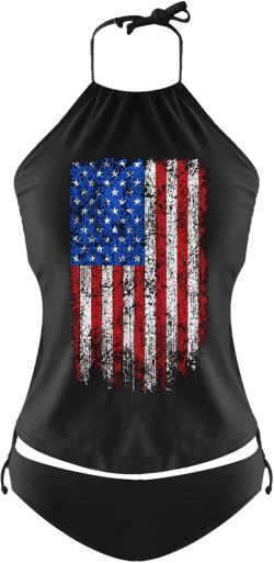 Independence Day Tankini Swimsuits for Women American Flag Halter Neck Top with Drawstring Side Boyshorts Z4-d Small