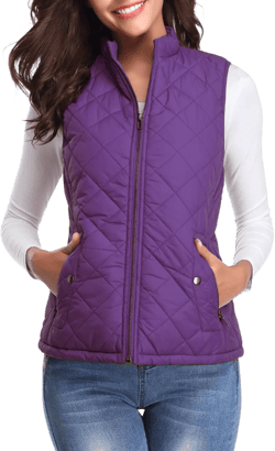 Fuinloth Women's Quilted Vest, Stand Collar Lightweight Zip Padded Gilet X-Large Purple