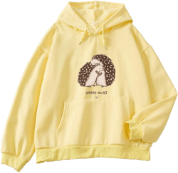 KEEVICI Women Hoodies Cartoon Cute Hedgehog Pattern Pocket Casual Cotton Sweatshirt X-Large Yellow