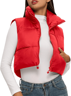 ELLEVEN Women's Cropped Puffer Vest with Pockets, High Stand Collar Crop Outerwear Lightweight Padded Gilet X-Small Red