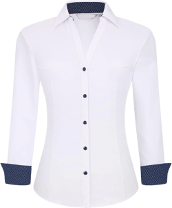 WARHORSEE Womens Button Down Shirt Long Sleeve Work Dress Shirts, V Neck Easy Care Stretchy Business Casual Blouses for Women White Large