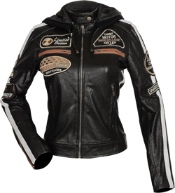Hooded Women's Biker Racing Jacket - Cafe Racer Retro Badges Vintage Motorcycle Leather Jacket 2 Black