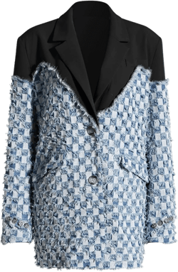 Vaceky Denim Patchwork Blazer Women Checkered Lightweight Fringe Jean Jacket Black X-Large
