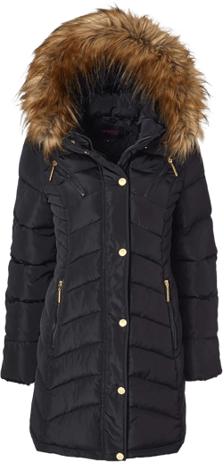 Sportoli Women Long Quilted Down Alternative Plush Lined Puffer Jacket Coat Fur Trim Hood X-Large Black