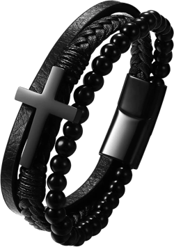 Avaner Leather Cuff Bracelet, Men's Cross Bracelet, Braided Beads Leather Punk Wristbands, Vintage Gothic Bracelet: Clothing, Shoes & Jewelry