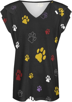 JAIDEN BEATA Colorful Dog Cat Paw Print Black Oversized T Shirts for Women Summer Ruffle Short Sleeve Tops V Neck Tees Shirts Girls Casusal Loose Fit Plus Size Printed Comfort Soft Blouse Tops, 3XL : Clothing, Shoes & Jewelry