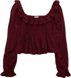 AE Long-Sleeve Smocked Ruffle Plaid Top