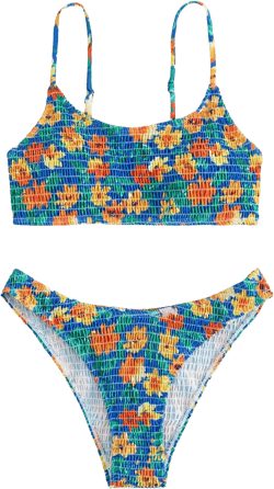 SweatyRocks Women's Floral Print 2 Piece Spaghetti Strap High Cut Bikini Set Smocked Bathing Suit Multicolor M