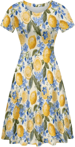 ENLACHIC Women's Summer Short Sleeve Sunflower Print Casual T Shirt Flowy Swing Dresses 3X-Large Lemon Floral