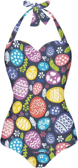 UNICEU Womens Plus Size One Piece Halter Bikini Set Summer Beachwear High Cut Bikini Bathing Suits Large Colorful Easter Eggs