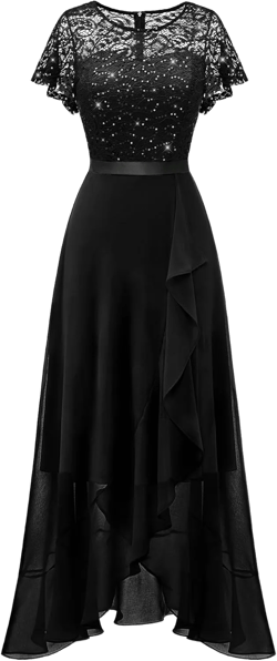 BeryLove Formal Dresses for Women 2025 Wedding Guest with Slit Cocktail Elegant Lace Long Prom Dress Large Black Sequin