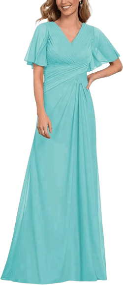 Chiffon Plus Size Mother of The Bride Dress Long Ruched Pleated V Neck A Line Ruffle Sleeves Formal Evening Gown LYQ48 Turquoise
