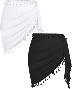 Holipick Sarong Coverups for Women Bathing Suit Wraps Swimsuit Cover Up Skirt Beach Sarongs Swim Wrap Skirt Cover Up Tassels Black and White One Size