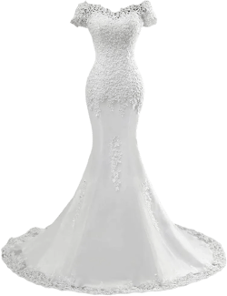 XYAYE Women's Lace Mermaid Wedding Dresses for Bride Sequins Bridal Dresses Off The Shoulder Bridal Gowns with Sweep Train 12 Ivory
