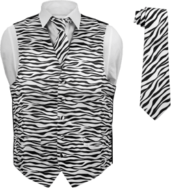 Men's Dress Vest ZEBRA Animal Pattern Design with Black Background. Animal Zoo Striped Mens Necktie and Hanky Set XX-Large Multicolor