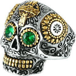 Men's Halloween Stainless Steel Day of The Dead Gothic Cross Sugar Skull Ring Vintage Flower