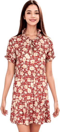 Anna-Kaci Women's Summer Dress Boho Ruffle Sleeve Floral Print Tie Neck Sun Dress- Large,Burgundy