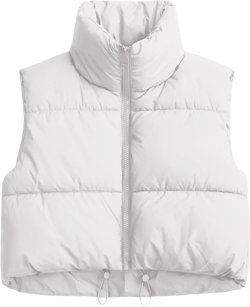 Women's Cropped Puffer Vest Sleeveless High Stand Collar Crop Outerwear Zip Up Warm Padded Gilet Large White