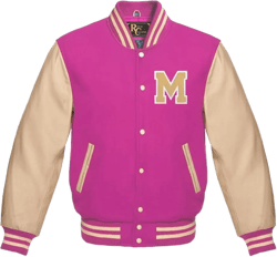 Varsity Jacket Baseball Letterman Jacket Wool Multi and Cream Leather & Basketball With M Patch 3X-Large Light Pink
