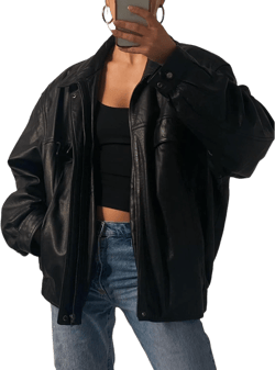 80's Vintage Women Oversized Bomber Leather Jacket - Ladies Retro Style Outerwear 3X-Large Black