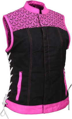 Milwaukee Leather MDL4051 Women's 'Skelly' Black with Pink Motorcycle Denim Vest w/Skull Embroidery 3X-Large Black