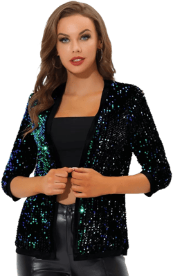 Allegra K Women's Open Front Collarless 3/4 Sleeve Sequin Velvet Jacket Green X-Large