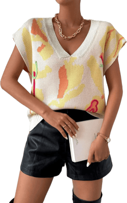 SweatyRocks Women's Colorblock Graphic Cap Sleeve V Neck Sweater Vest Casual Loose Fit Pullover Sweater Top Large Yellow