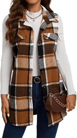 Womens Plaid Vest Fall Flannel Vest Casual Button Down Shirts Sleeveless Long Jacket Lightweight Lapel Neck Coat X-Large Brown
